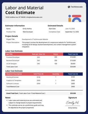 premium  Template: Labor and Material Cost Estimate Template