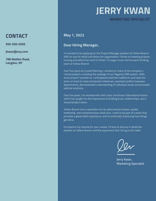 premium  Template: Blue Marketing Specialist Cover Letter Template