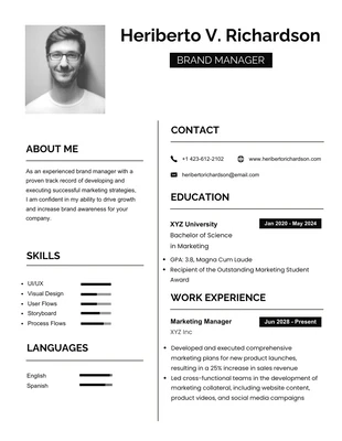 Free  Template: Black White Minimalist Picture Monochrome Resume Template