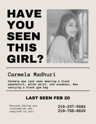 Free  Template: Grey Missing Person Flyer Template