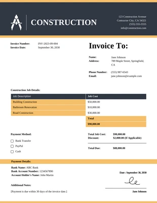 business  Template: Minimalist Construction Invoice Example Template