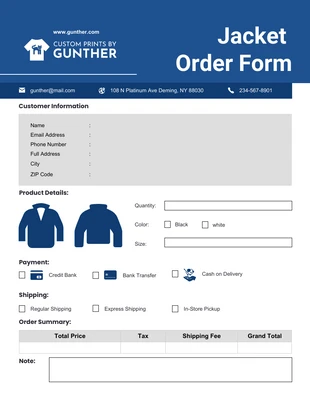 business  Template: Ecommerce Jacket Order Form Template