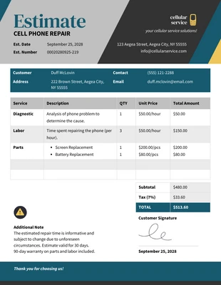 Free  Template: Cell Phone Repair Estimate Template