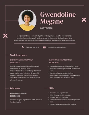 Free  Template: Dark Brown Pink Babysitter Resume Template