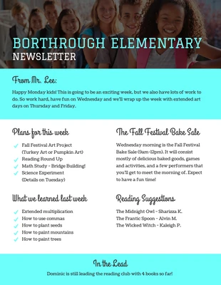 Free  Template: Cyan Elementary Newsletter Template