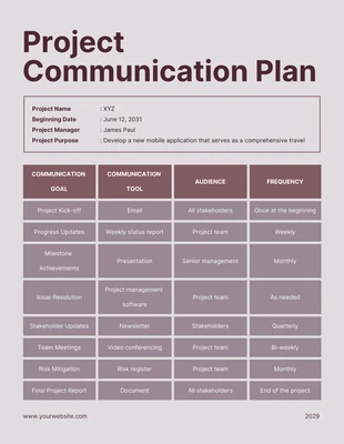 Free  Template: Maroon Project Communication Plan Template