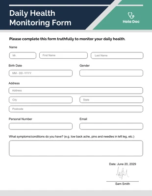 business  Template: Big Stone Daily Health Monitoring Form Template