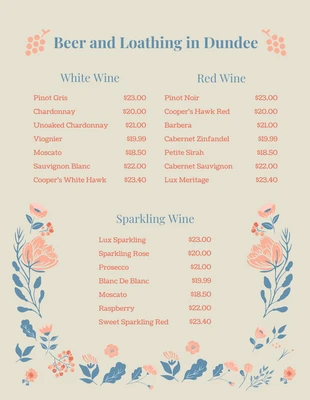 Free  Template: Beige And Blue Retro Vintage Wine Menu