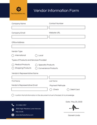 business  Template: Vendor Information Form Template