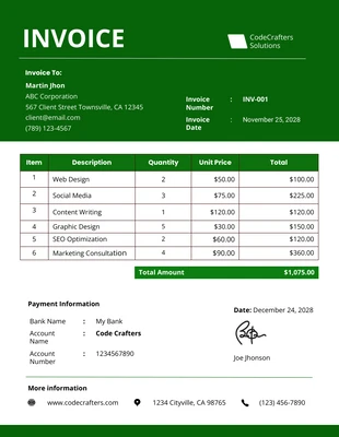 Free  Template: Green Freelance Service Invoice Template