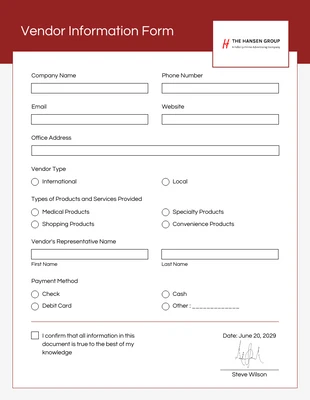 Free  Template: Old Brick Vendor Information Form Template