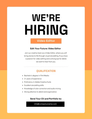 Free  Template: Orange Video Editor Hiring Poster