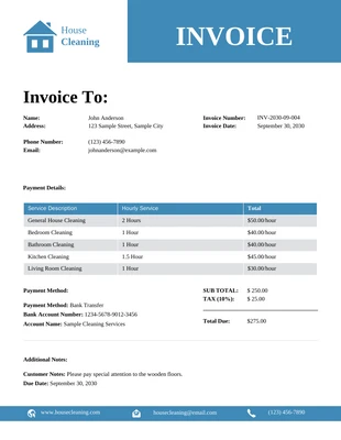 Free  Template: White Blue Cleaning Invoice Template