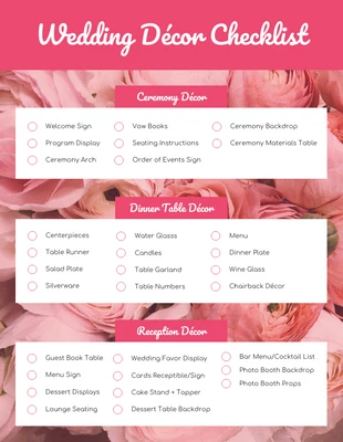 business interactive Template: Pink Roses Wedding Decor Checklist Template