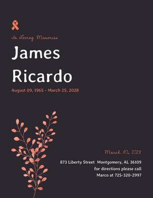 Free  Template: Dark Orange Floral Simple Funeral Invitation