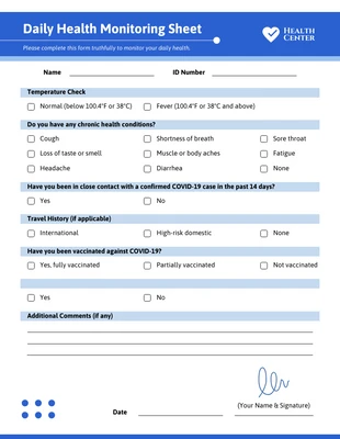 premium  Template: Blue Daily Health Monitoring Sheet Form Template