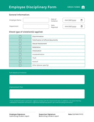 Free interactive Template: Employee Disciplinary Form Template