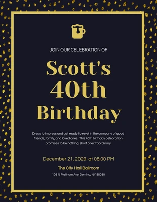 Free  Template: Dark Gold 40Th Birthday Invitation