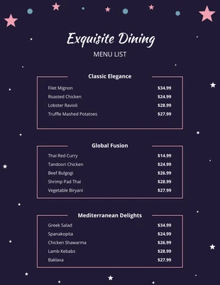 Free  Template: Dark Blue Midnight Illustrative Star Diner Menu