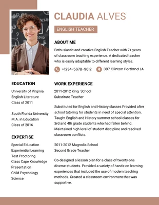 Free  Template: Brown White English Teacher Resume Template