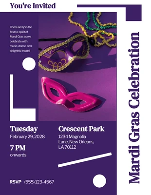 Free  Template: Simple Purple White Mardi Gras Invitation