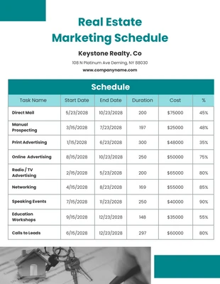 Free  Template: Teal Real Estate Marketing Schedule Template