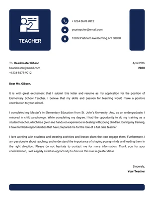 Free  Template: Dark Blue Simple Professional Business Teacher Letterhead