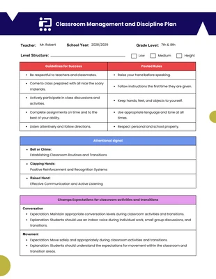 Free  Template: Classroom Discipline Plan Template