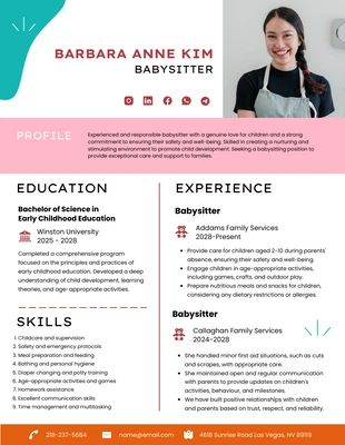 Free  Template: Colorful Babysitter Resume Template