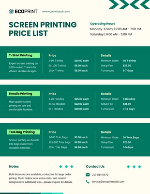 Free  Template: Screen Printing Price List Template