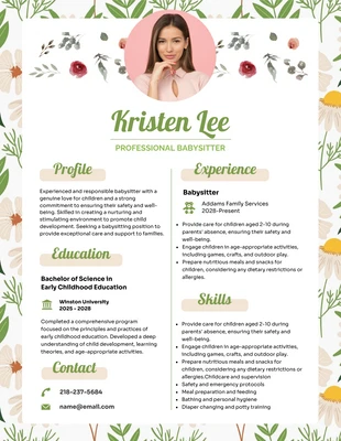 Free  Template: Floral Professional Babysitter Resume Template