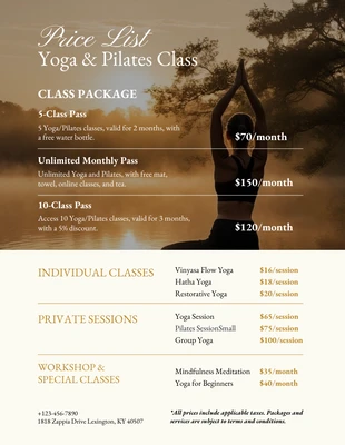 Free  Template: Yoga and Pilates Class Price List Template