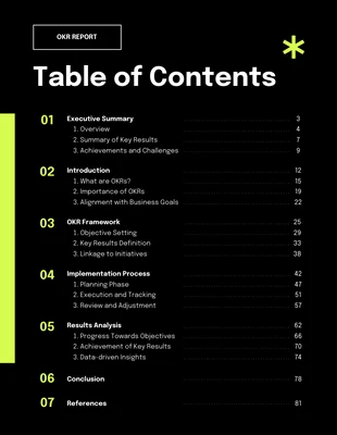 premium  Template: Neon Green Black OKR Report Table of Contents Template