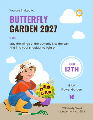 Free  Template: Light Blue Modern Illustration Butterfly Garden Invitation