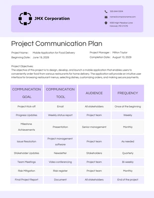 Free  Template: White Purple Project Communication Plan Template