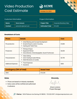 business  Template: Video Production Cost Estimate Template