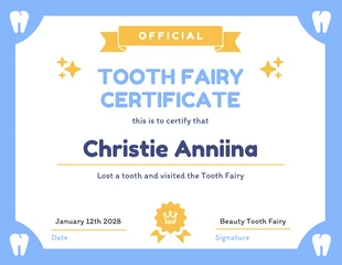 Free  Template: Light Blue Yellow Tooth Fairy Certificate Template