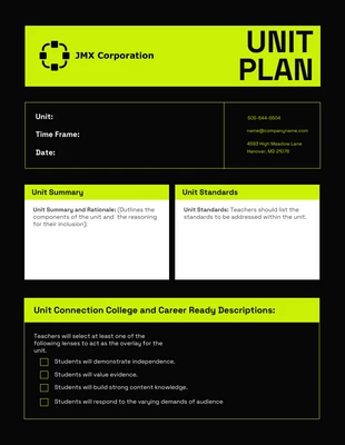 Free  Template: Black Lime Green Unit Plan Template