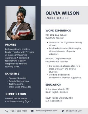 Free  Template: Navy White Modern English Teacher CV Resume Template