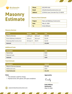 Free  Template: Masonry Estimate Template