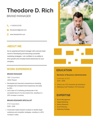 Free  Template: Yellow Modern Brand Manager Resume Design Template