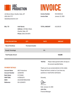 Free  Template: Film/TV Show Royalty Invoice Template