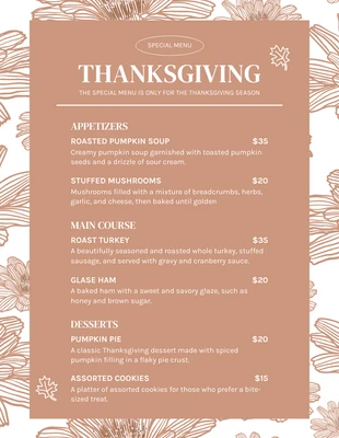 business  Template: Brown Floral Pattern Special Thanksgiving Menu