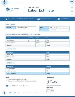 Free  Template: Labor Estimate Template