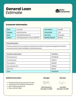 Free  Template: General Loan Estimate Template