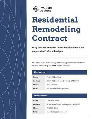 Free  Template: Residential Remodeling Contract Template