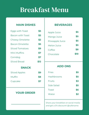 Free  Template: Green And White Minimalist Breakfast Menu