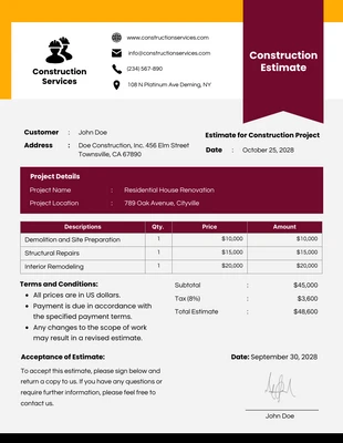 business  Template: Yellow Maroon Construction Estimate Template