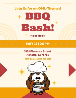 Free  Template: Yellow And Red Playful Cheerful Illustration Chef Owl BBQ Invitation