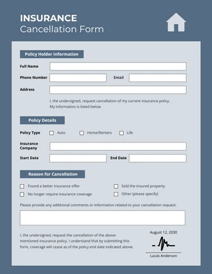 Free  Template: Blue Bayoux Insurance Cancellation Form Template